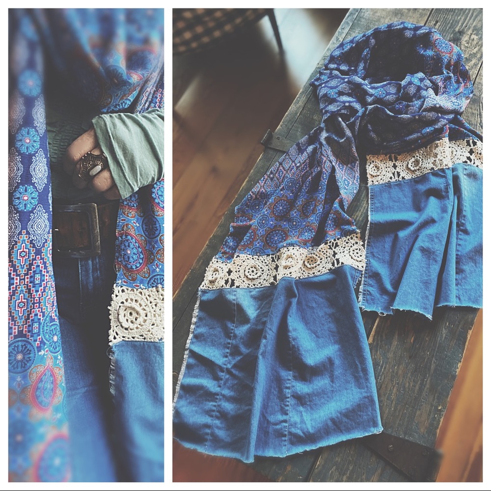 OOAK Artisan Denim Flair Raw Hem Wrap - 134” Long Aztec Medallion Scarf - Picture 5 of 16